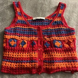 Red blue and orange button top